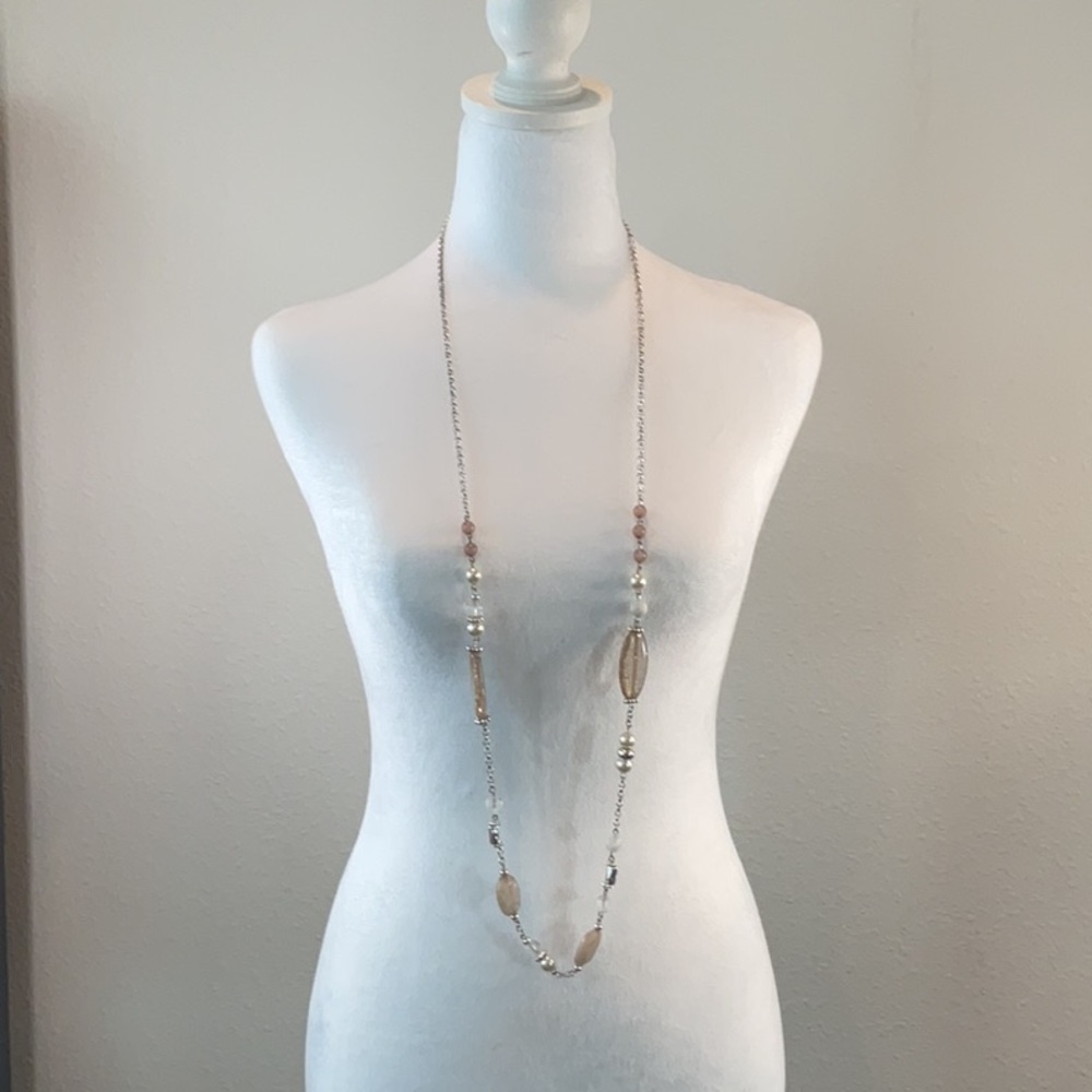 Chico's Beaded Necklace - Silver, Tan & White Accents